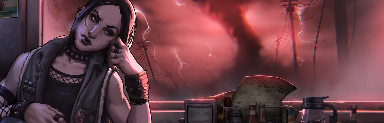 Key art of a pale punk woman in a studded vest leaning on a diner table, a red storm and tornado over power lines outside the window