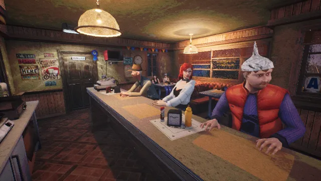 Inside the diner: customers sit at the counter under hanging lamps, one wearing a tinfoil hat