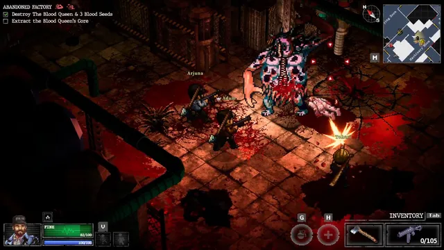 A large fleshy monster attacking survivors in a dark red abandoned factory