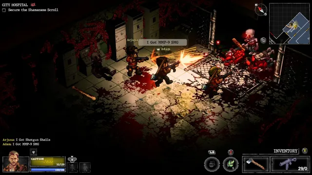 Isometric view of survivors shooting bloody monsters among lockers in a dark hospital room