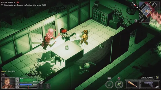 Survivors fighting creatures in a green-lit police station office spattered with blood
