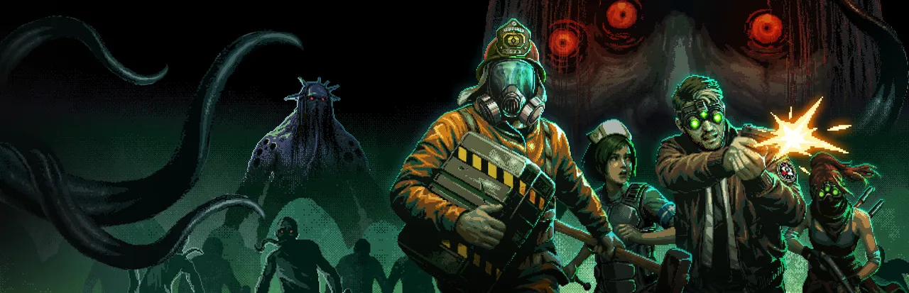 Whisper Mountain Outbreak key art: four survivors, one in a gas mask, firing guns under a huge red-eyed face and tentacles