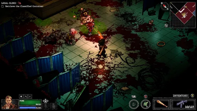 A blood-soaked clinic room with a monster approaching the player's character