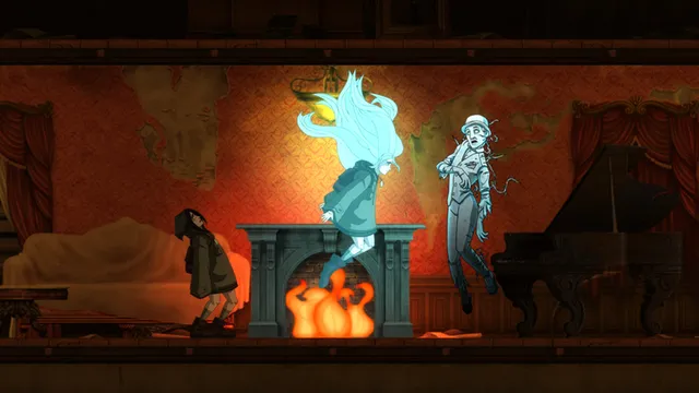 Elena's spirit floats above a fireplace in a red parlour beside a pale ghost, while her body stands to one side