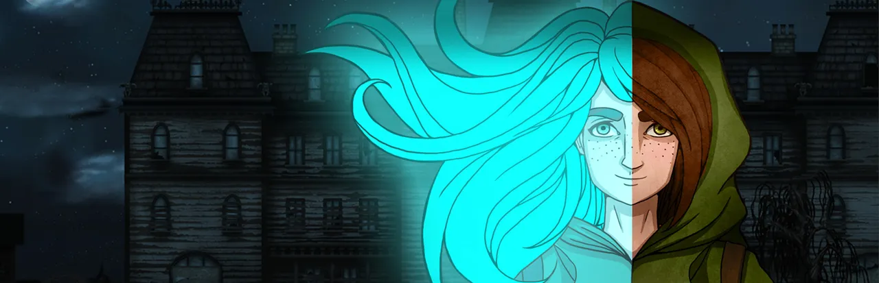 Whispering Willows art: Elena's face split between her glowing blue spirit form and her hooded human self, in front of a dark mansion