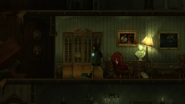 Elena walks through a dim study with bookcases, a bust and old portraits, her amulet glowing