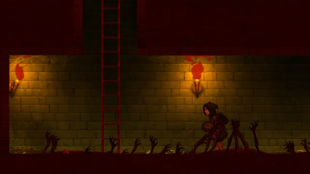 A hooded figure stands in a red-lit brick cellar while dark hands claw up from the floor