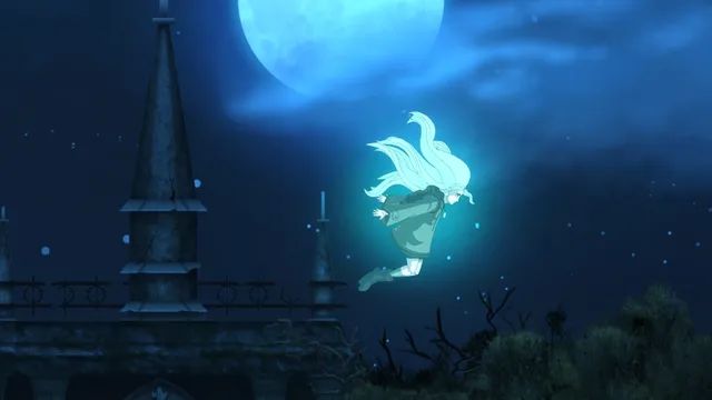 Elena's spirit floats under a full moon beside the mansion's spire