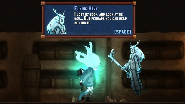 In a crypt lined with coffins, Elena's spirit speaks with the antlered ghost Flying Hawk, who has lost his body