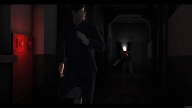 White Day screenshot: a student pressed against a wall in a dark corridor as the janitor approaches with a flashlight and a baton