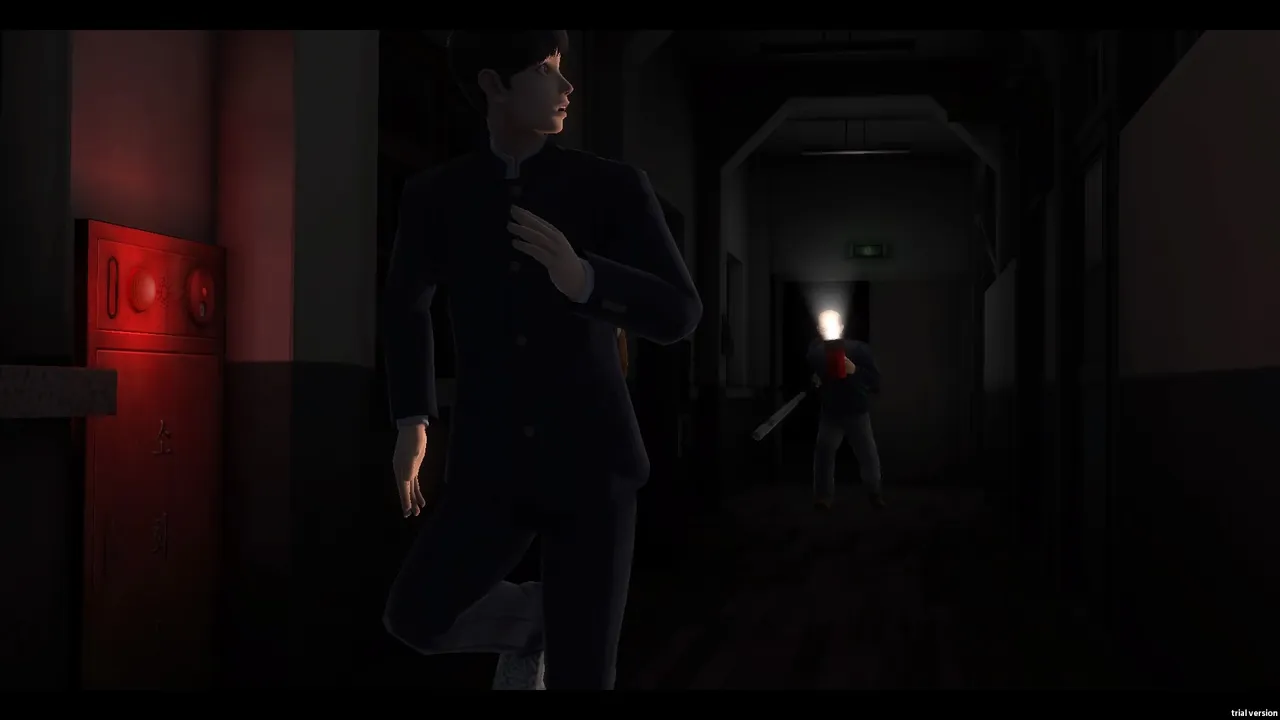 White Day screenshot: a student pressed against a wall in a dark corridor as the janitor approaches with a flashlight and a baton