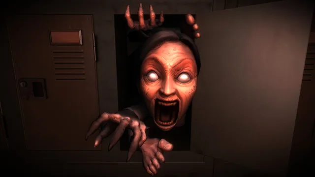 White Day screenshot: a screaming ghost woman with clawed hands bursts out of a school locker