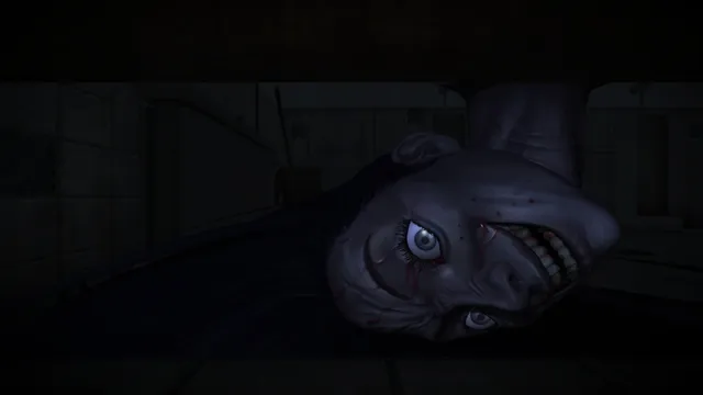 White Day screenshot: a pale ghost's face with bloody eyes lying on the floor of a dark corridor