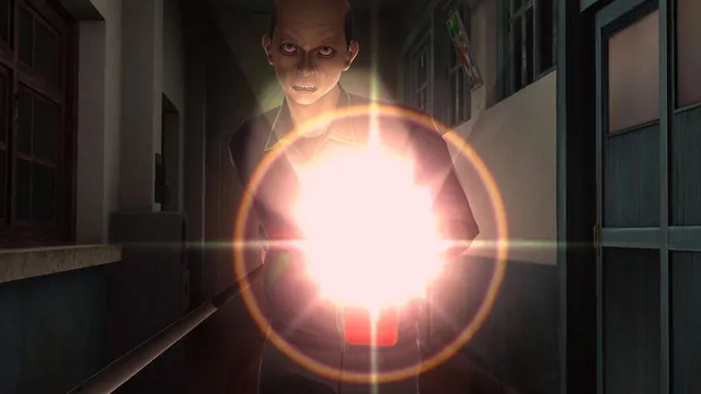 White Day screenshot: the grinning janitor shines his flashlight straight at you in a school hallway