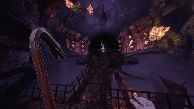 White Knuckle screenshot: a crowbar raised before a catwalk leading to a dark round opening, crystals and roots growing from the walls