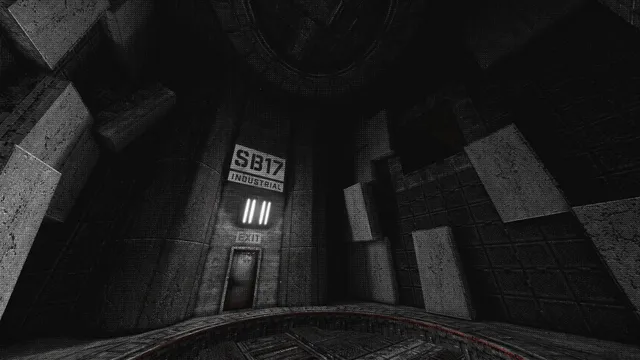 White Knuckle screenshot: a grey concrete silo with an SB17 Industrial sign and a lit exit door, seen from below
