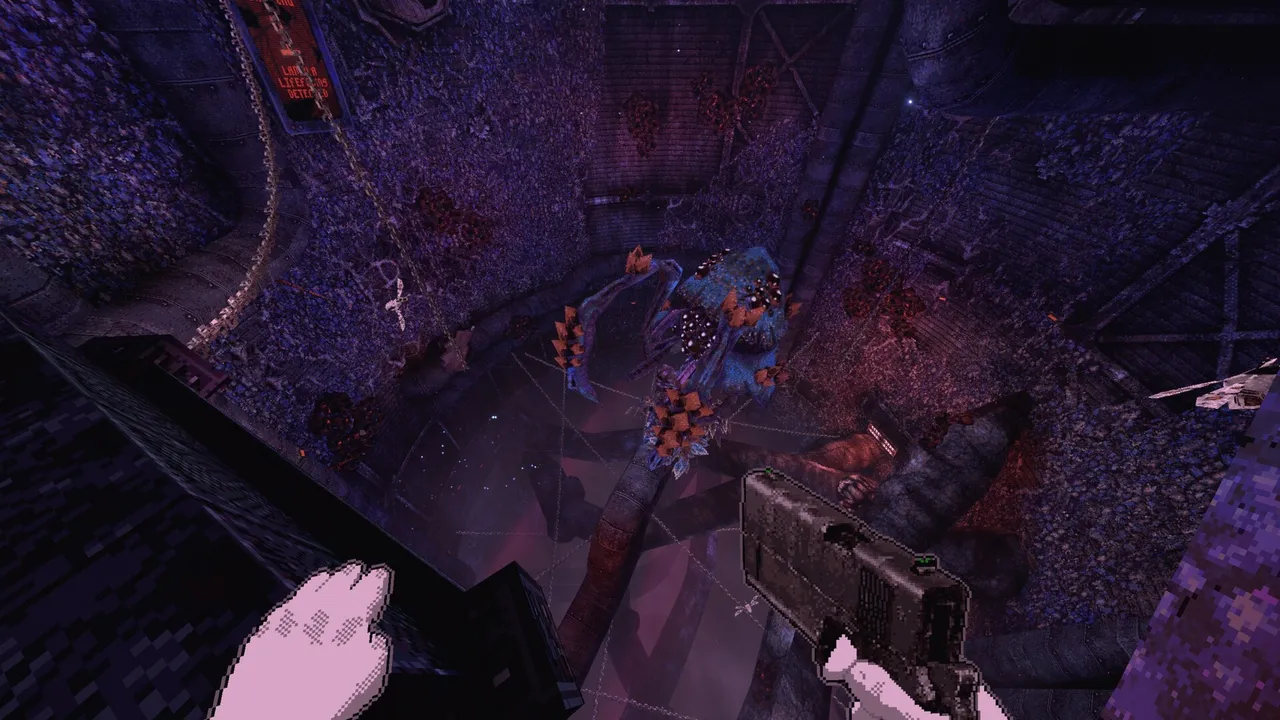 White Knuckle screenshot: looking down a purple, overgrown shaft at a many-eyed spidery creature clinging below, a pistol in one pixel hand