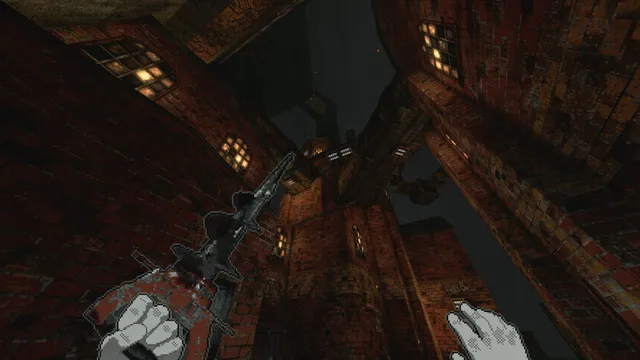 White Knuckle screenshot: looking up between towering brick buildings with lit windows, pixel hands holding a climbing tool