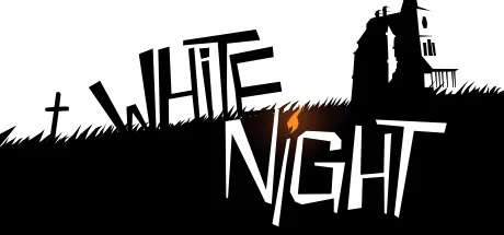 White Night store art: the title in jagged white letters with a match flame, below a black silhouette of the mansion on a hill with a grave cross