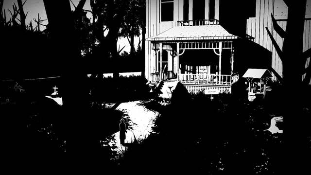 White Night screenshot: a man in a hat stands in the black-and-white garden of the mansion beside a well and gravestones, at night