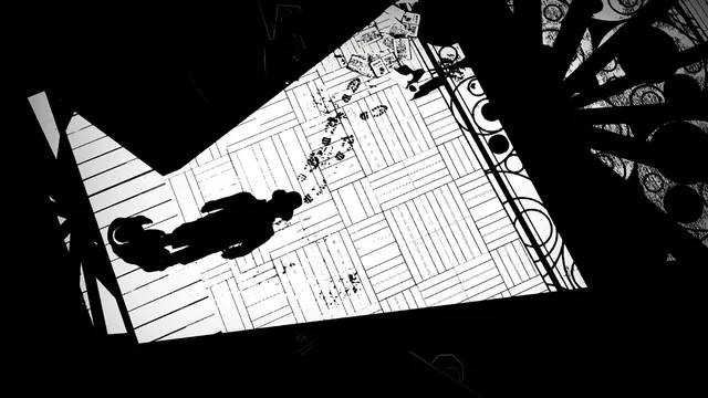 White Night screenshot: a high overhead view of a parquet floor with footprints and scattered papers, the man's shadow cast across it