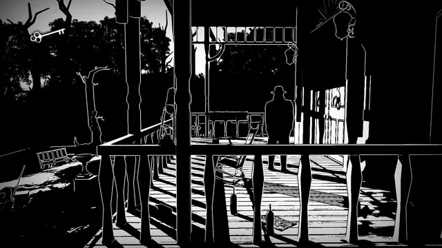 White Night screenshot: the man in a hat stands on the mansion's porch, seen through the railings, with a key icon in the corner