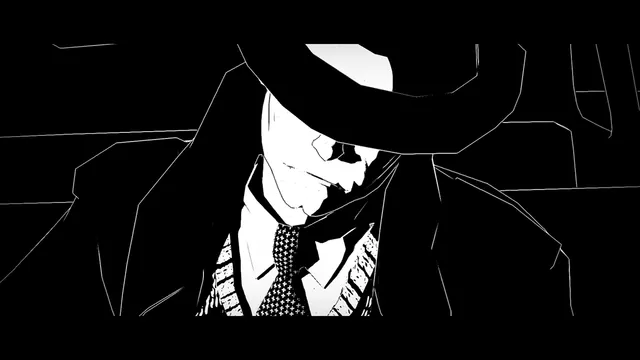 White Night screenshot: a close view of the hero in a hat and tie, his face half lit in black and white