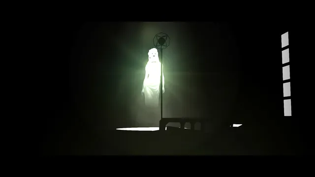 White Night screenshot: a pale glowing ghost of a woman stands beside a lamp post in a dark room