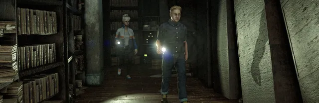 Two White Noise 2 investigators walk with flashlights between tall shelves of books in a dark archive