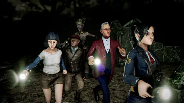 Four investigators with flashlights run through a dark graveyard while a pale creature looms behind them