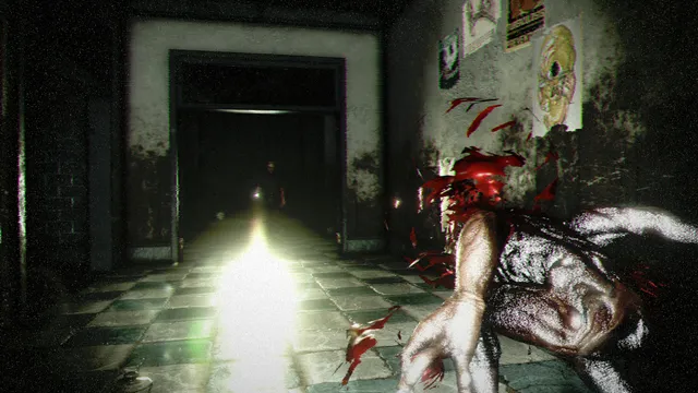 The creature's view: a clawed, bloody arm reaching out in a tiled corridor as a flashlight beam shines from the doorway