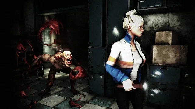 A blond investigator with a flashlight looks away as a bloody, gaping creature crawls up behind her