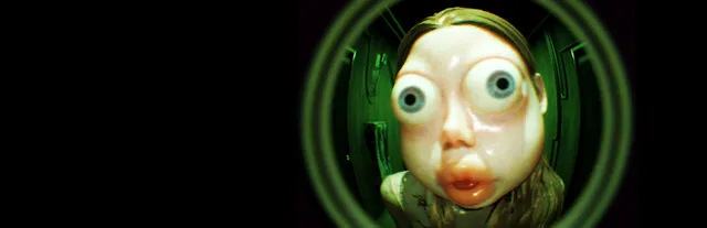 Who's at the door? key art: a pale, wide-eyed doll-like face seen through a green door peephole against black