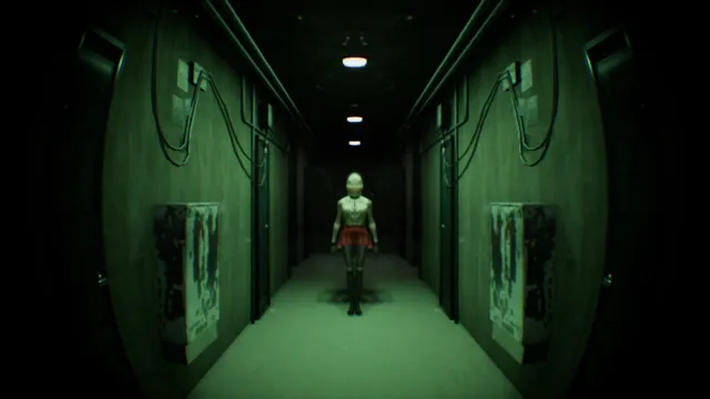 A long green-lit corridor with a pale figure standing at the far end