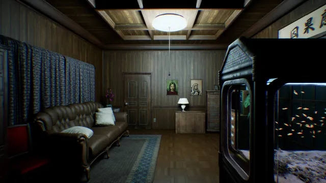 The wood-panelled living room of the house, with a leather sofa, portraits on the wall and a fish tank