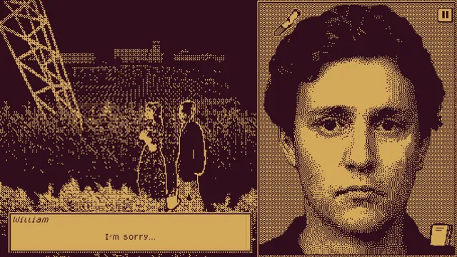 Who's Lila? screenshot: William and a girl stand in tall grass by a pylon at night, his face shown sad beside them as he says I'm sorry