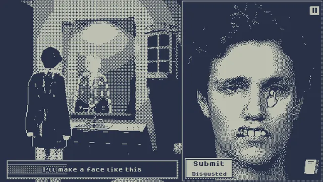 Who's Lila? screenshot: William stands before a mirror at left while at right his pixel face is pulled into a disgusted grimace, with a Submit button
