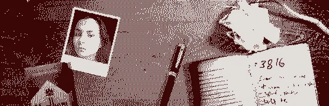 Who's Lila? key art: a dithered Polaroid of a young woman lies beside a fountain pen and a notebook with the number 3816, in red and grey