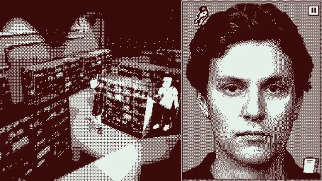 Who's Lila? screenshot: two small figures stand beside a market stall in a dithered low-poly street, William's face at right