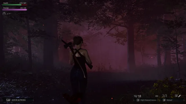 Ella walking through a dark forest lit red by mist, axe in hand