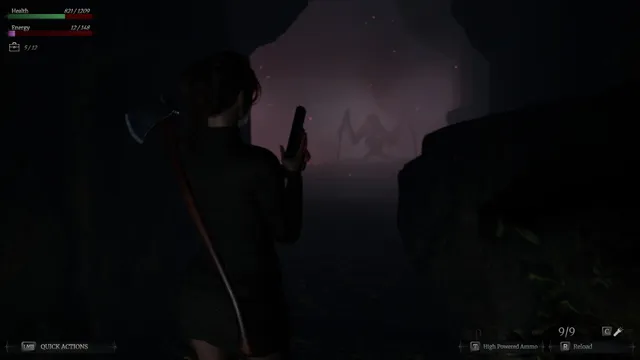 Ella with an axe and handgun in a misty tunnel, a tall spindly creature waiting in the fog ahead