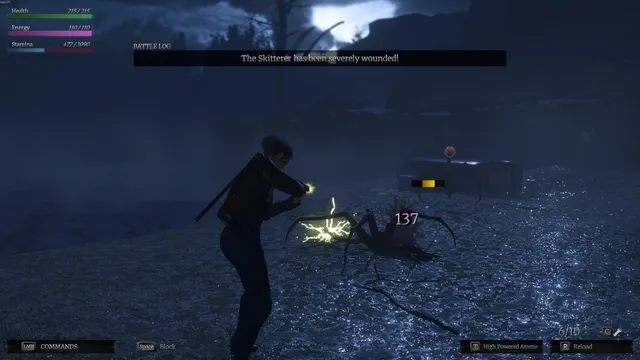 A turn-based battle at night: Ella strikes a spider creature on a dark road, damage numbers showing