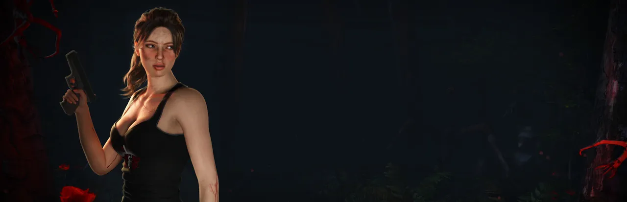 Wicked Seed key art: Ella holding a handgun in a dark forest with red flowers and twisted branches
