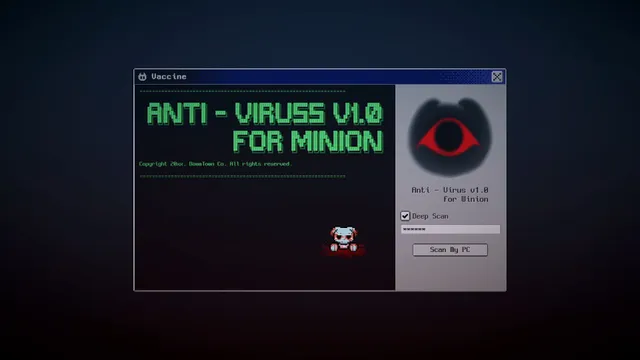 Winion Virus screenshot: an anti-virus program window with a red eye logo and a small bloodied Winion