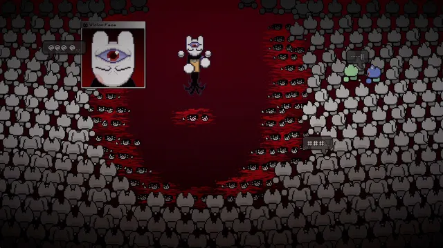 Winion Virus screenshot: a masked figure with a single red eye stands in a red pit surrounded by crowds of grey creatures