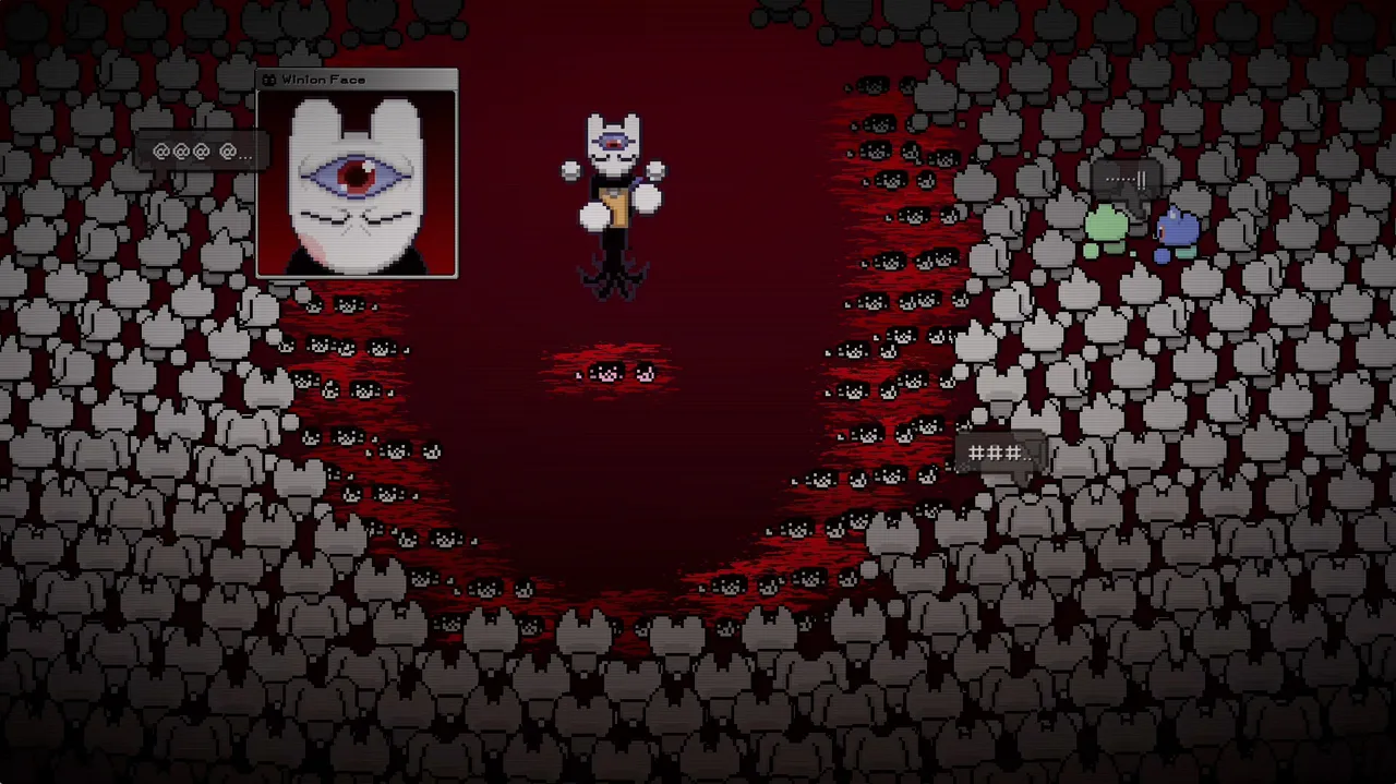 Winion Virus screenshot: a masked figure with a single red eye stands in a red pit surrounded by crowds of grey creatures