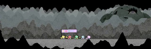 Winion Virus art: a line of small Winions under a banner, crossing a grey pixel landscape