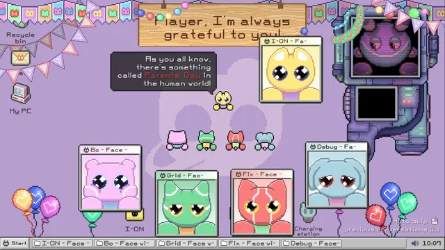 Winion Virus screenshot: a pastel computer desktop decorated with balloons, with face windows of the cute Winions