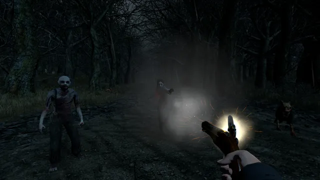 Firing a pistol at pale undead and a hound coming down a misty forest road