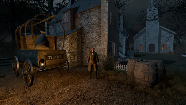 The witch hunter in a long coat beside a trade wagon in the town at night